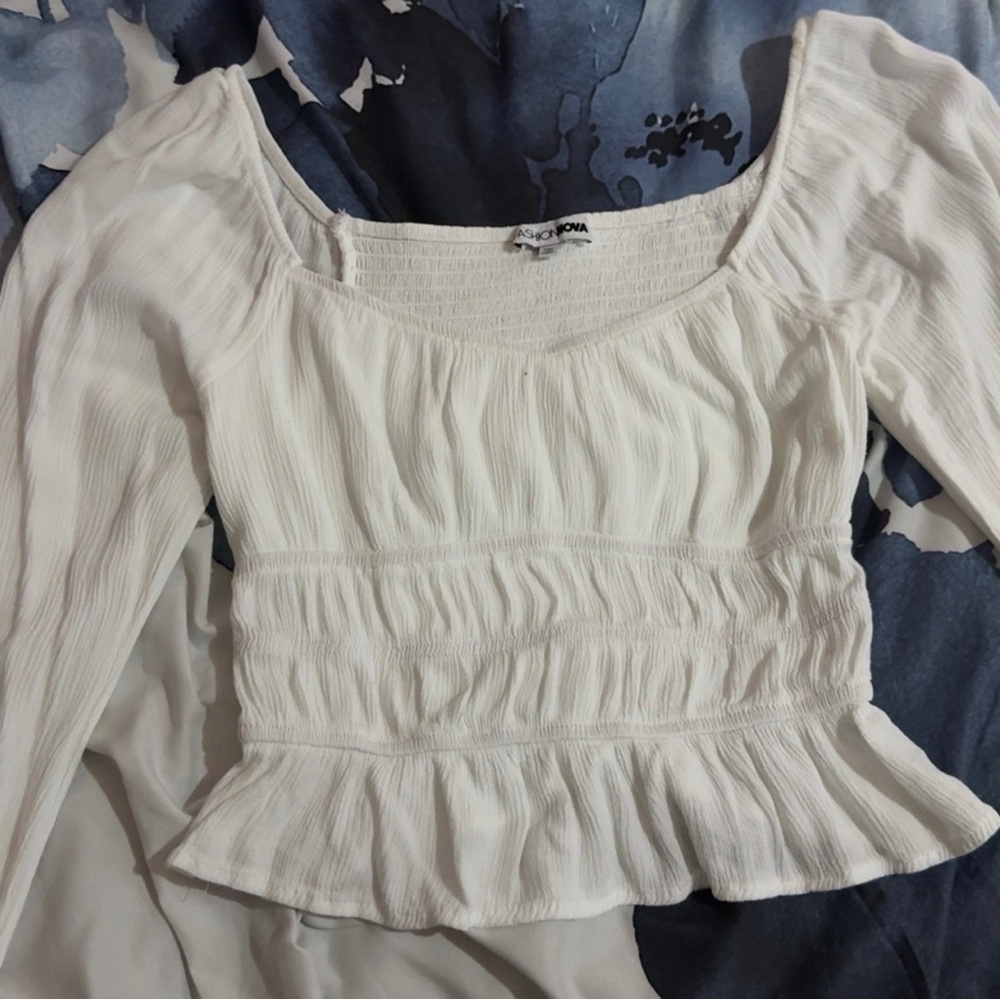 Fashion Nova Cream Smocked Peplum Blouse